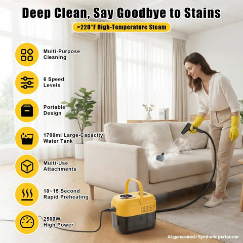 DXD Handheld Steam Cleaner 2500W High Pressure Portable Steamer for Home Use 1700ML Large Tank in action on upholstery.