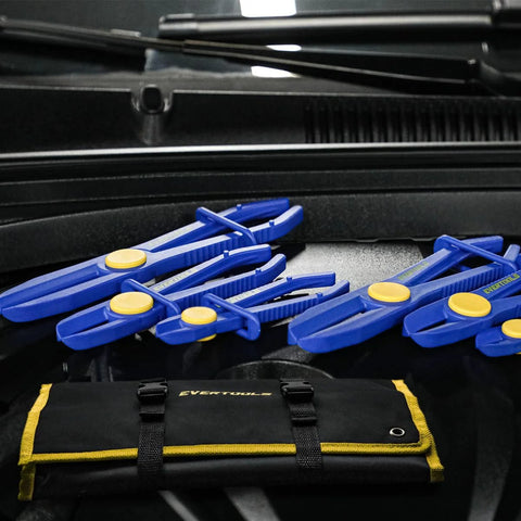 6-piece Evertools hose pinch clamp pliers set in blue with yellow buttons, includes Oxford tool bag