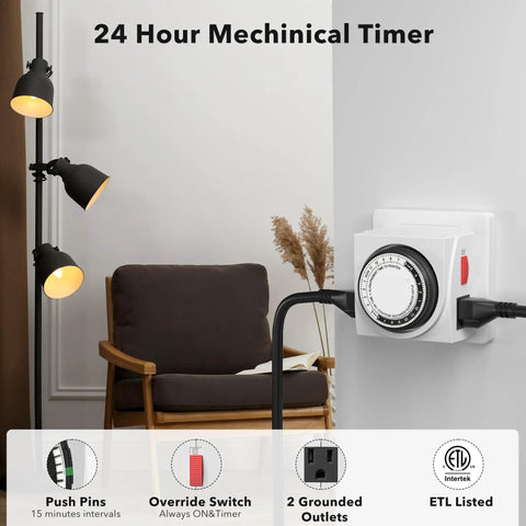 Heavy Duty Mechanical 24 Hour Timer Dual Outlet 3 Prong Indoor Power Timer For Lamps Fans Christmas Lights White 1875W