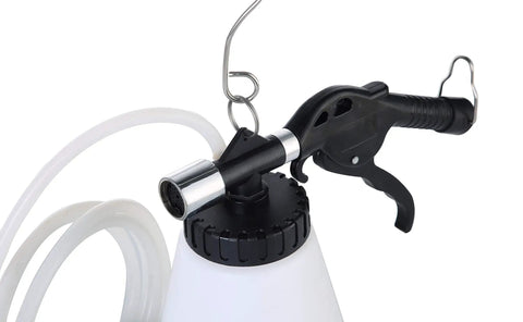 Close-up of pneumatic brake fluid bleeder tool with hose, part of Pneumatic Brake Fluid Bleeder Tool With Four Master Cylinder Adapters 90 To 120 PSI.