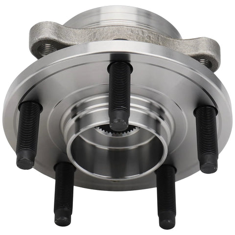 Front And Rear Wheel Hub And Bearing Assembly For Ford Edge Flex Taurus Police Interceptor Sedan Lincoln MKS MKT MKX 2WD And AWD Models Pair Bolt On Easy Install Heavy Duty OE Replacement Direct Fit, close-up view showing bolts and housing.