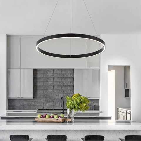 Modern LED Ring Chandelier With Uplight And Downlight, Black Dimmable Circular Pendant Light in sleek kitchen setup