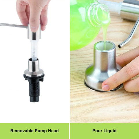 Stainless Steel Built In Soap Dispenser Pump For Kitchen Sink With Forty Seven Inch Extension Tube And Eleven Point Eight Four Ounce Soap Bottle Kit Brushed Nickel