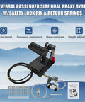 Universal Passenger Side Dual Brake Pedal Conversion Kit with safety lock pin and return springs shown with installation tools.