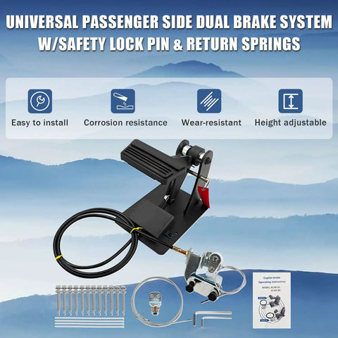 Universal Passenger Side Dual Brake Pedal Conversion Kit with safety lock pin and return springs shown with installation tools.