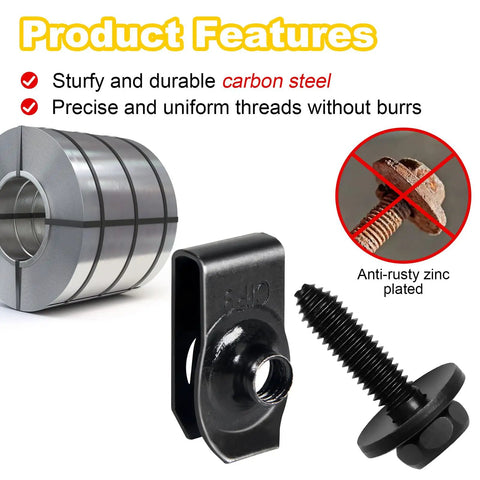 50 Piece Body Fastener Kit With 25 Bolts And 25 U Nut Clips For Fender Engine Cover Splash Shield Bumper Radiator Hood Shield Panel M6 Durable Black Phosphate Coated Easy Car Repair And Assembly featuring a bolt and U-nut clip with anti-rust coating.