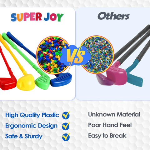 Totally Awesome Toddler Golf Set With Sturdy Rolling Cart includes colorful clubs and balls showcasing quality comparison.