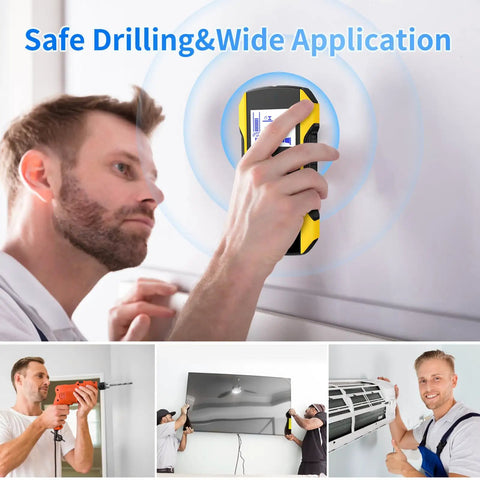 Electronic Studs Finder Handheld Wall Scanner for Wood Metal Studs Detection Detector Color Display in use for safe drilling.