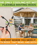 Outdoor Misting System For Patio Cooling, 33 Ft Fine Mist Mister Kit With Flexible Rod Nozzles shown on patio umbrella