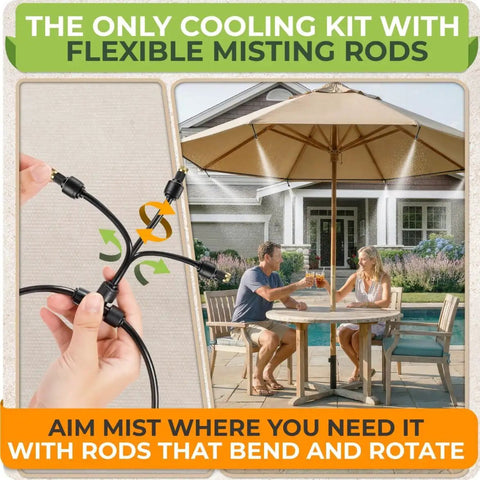 Outdoor Misting System For Patio Cooling, 33 Ft Fine Mist Mister Kit With Flexible Rod Nozzles shown on patio umbrella