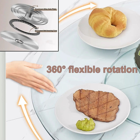 Glass Lazy Susan For Dining Table Extra Large Turntable Serving Tray Centerpiece with 360° rotation and aluminum build.