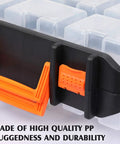 Close-up of Detachable 16 Section Toolbox With 13.5 Inch Removable Toolbox Dual Sided Storage, black and orange design.