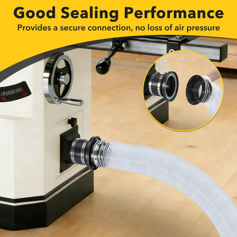 Magnetic dust collection fitting for 4" and 2.5" hoses; metal two-piece connector attached to a woodworking dust port