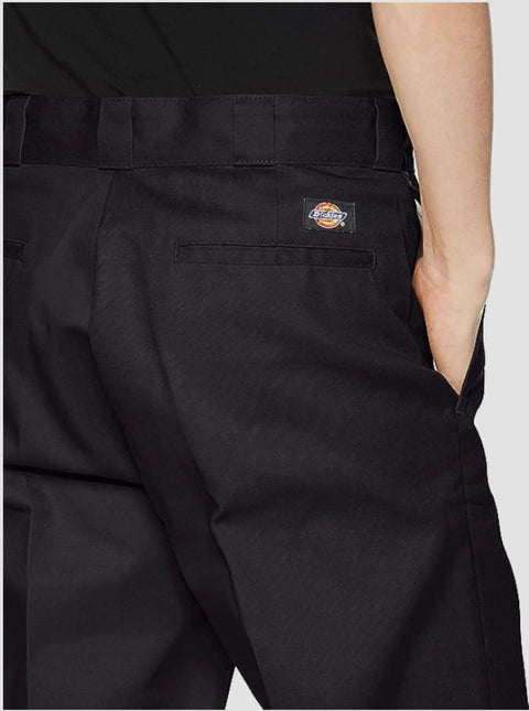 Back view of Heavy Duty Mens Straight Leg Work Pants Crafted From Tough Poly Cotton Blend Features Wrinkle Resistant Black Uniform Trousers Built Different For The Daily Grind And Size 29W By 30L.