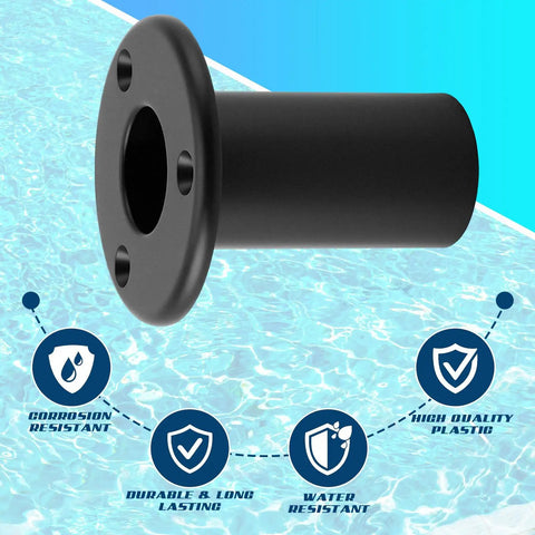 Close-up of a black plastic pontoon ladder insert plug for marine yacht, showing corrosion-resistant features against water.