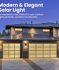 Solar Powered Up Down Wall Lights Dusk To Dawn Outdoor Flood Lights Sconce illuminating a modern garage at night