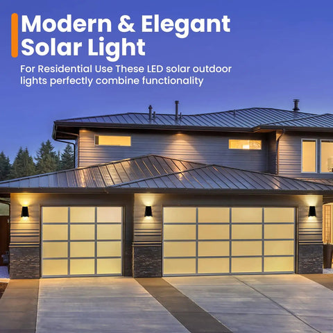 Solar Powered Up Down Wall Lights Dusk To Dawn Outdoor Flood Lights Sconce illuminating a modern garage at night