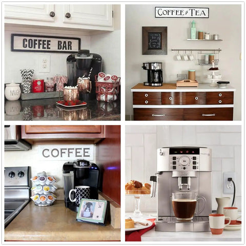 Home coffee station setups featuring Ceramic Spoon Rest and Stainless Steel Stirrer Holder for Coffee and Tea Spoons on counters.