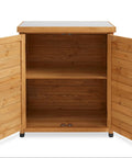 Open storage cabinet of Outdoor Garden Potting Bench With Metal Tabletop And Storage Cabinet Cedar Wood Weatherproof Natural Finish Patio Workstation