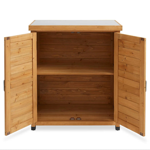 Open storage cabinet of Outdoor Garden Potting Bench With Metal Tabletop And Storage Cabinet Cedar Wood Weatherproof Natural Finish Patio Workstation