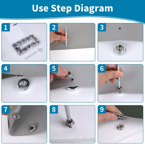 Installation steps for 150 Piece Canvas Snap Kit Tool Set Marine Grade Stainless Steel Five Eighths Inch Snaps with Screws.
