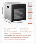 Straight Up Top Shelf Electric Food Dehydrator With 10 Stainless Steel Trays And Adjustable Heat Plus 24 Hour Timer, 25L capacity.