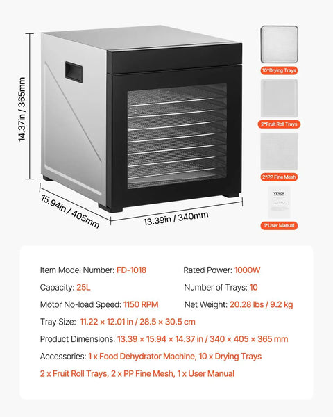 Straight Up Top Shelf Electric Food Dehydrator With 10 Stainless Steel Trays And Adjustable Heat Plus 24 Hour Timer, 25L capacity.