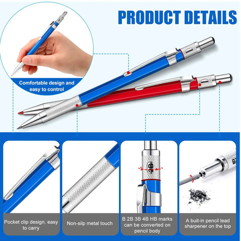 Welders Pencil Set For Pros With Two Pcs And 48 Round Refills, Illuminating Metal Marker with built-in sharpener, red and silver.