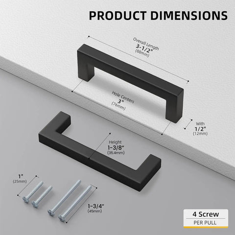 Black Square Bar Cabinet Pulls 30 Pack 76mm Hole Center Durable Stainless Steel Drawer Handles dimensions and screws