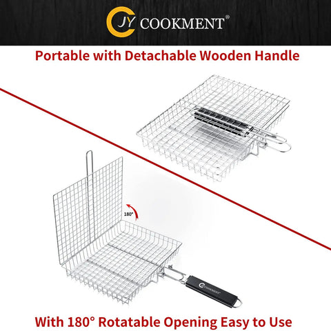 Stainless Steel Grill Basket With Portable Removable Handle For Veggies Shrimp Fish And Steak, Large 21 Inch Cooking Area