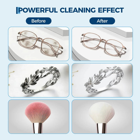 Before and after cleaning results of glasses, a silver ring, and makeup brushes using Stainless Steel 10L Commercial Ultrasonic Cleaner Machine With Timer And Heater.