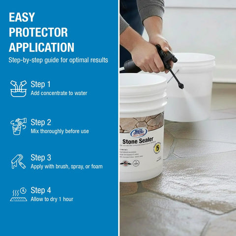 Application guide for Stone Sealer That Keeps It Tight, Penetrating Water Repellent, Silane Siloxane Formula, Ready To Use, 5 Gallons.