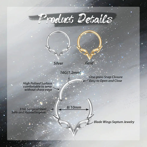 Blade Wings Septum Ring With V Shape Hinged Segment Clicker 16G 8mm 316L Surgical Steel Silver Nose Jewelry For Daith Conch Helix Tragus Cartilage Piercings Edgy Everyday Wear Must Have product details