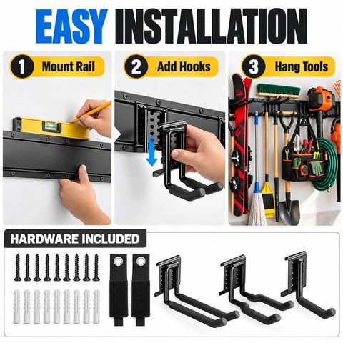 Hella Sturdy Garage Tool Organizer Wall Mount With Rock Solid Heavy Carbon Steel Frame 66 Inch showing easy installation steps.