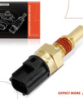 A-Premium 2-pin engine coolant temperature sensor with brass body and red O-rings; angled view beside its box.