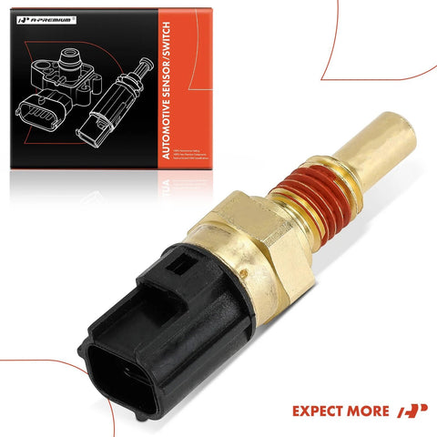 A-Premium 2-pin engine coolant temperature sensor with brass body and red O-rings; angled view beside its box.