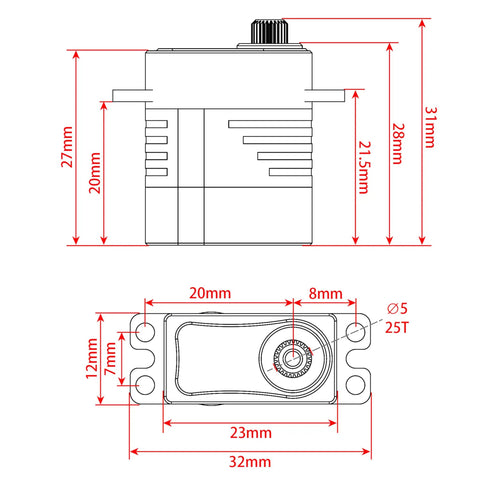 Diagram of Coreless RC Micro Servo 8.5KG High Torque For SCX24 TRX4M SCX10 TRX4, dimensions and metal gear details in mm