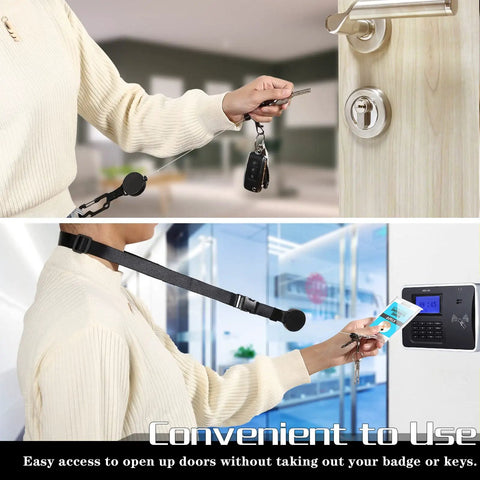 Heavy Duty Retractable Lanyard For ID Badges And Keys With Breakaway Safety shown opening door with keys, displaying badge use.