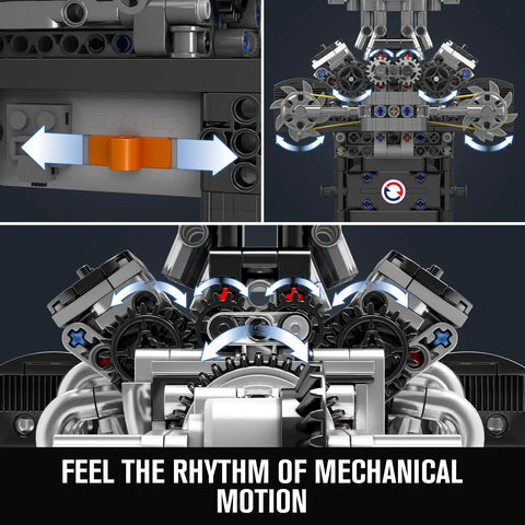 Close-up of moving gears and pistons in V8 Engine Build Kit That Runs Create Your Own Car With Realistic Combustion Engine Blocks