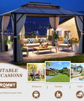 10 Foot By 13 Foot Gazebo With Double Polycarbonate Roof, Durable Aluminum Frame Pergola at night on patio with seating