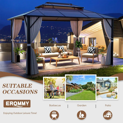 10 Foot By 13 Foot Gazebo With Double Polycarbonate Roof, Durable Aluminum Frame Pergola at night on patio with seating