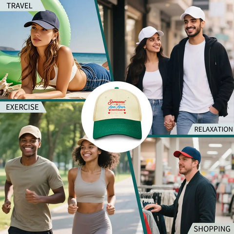 Collage of people in various activities wearing Lightweight Womens Sports Trucker Cap with Low Profile Front and Airy Mesh Ventilation