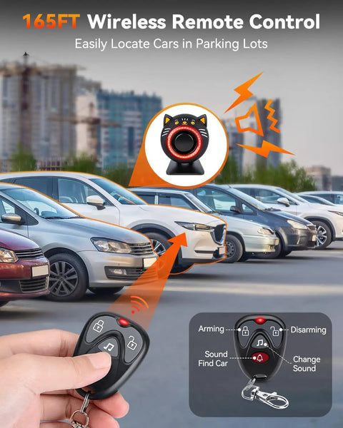 120dB Cat Shaped Car Alarm With Motion Sensor And Red Flashing Light Wireless Remote Anti Theft Device For Cars Trucks SUVs And RVs USB Rechargeable Vehicle Security Alert Lights Upgrade Five Point Zero, 165ft remote