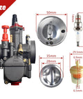 Go To 28mm Carburetor With Air Filter Manifold Kit for Predator 212cc parts including carb, air filter, and spark plug dimensions