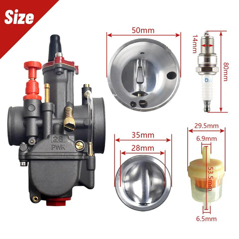 Go To 28mm Carburetor With Air Filter Manifold Kit for Predator 212cc parts including carb, air filter, and spark plug dimensions