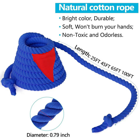 Coiled blue 25ft tug of war rope with red flag, Epic Tug Of War Rope 25Ft With Flag For Outdoor Fun For Kids And Adults, displayed on white background.