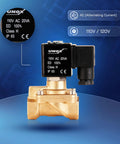 Half Inch NPT Solenoid Valve 110V AC Brass Normally Closed Control Valve For Water Air And Gas, front view on blue background
