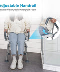 Heavy Duty Shower Chair With Detachable Arms And Back 350 lb capacity, non-slip bath seat with person sitting in bathroom