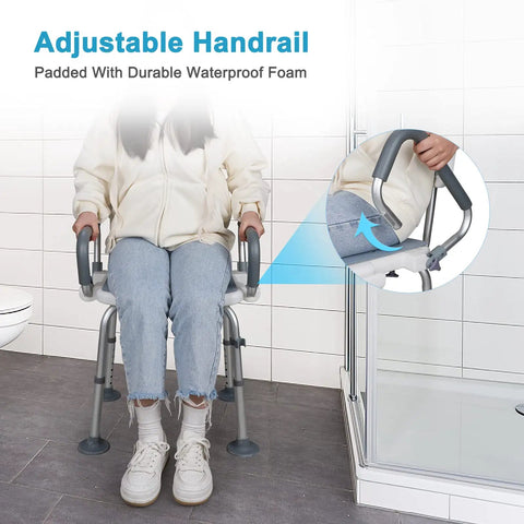 Heavy Duty Shower Chair With Detachable Arms And Back 350 lb capacity, non-slip bath seat with person sitting in bathroom