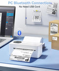 Bluetooth Thermal Label Printer For Small Biz 4x6 Wireless Label Printer With 72 Labels Per Minute Compatible With iPhone Android Windows Mac USPS Amazon UPS White on desk with labels and laptop